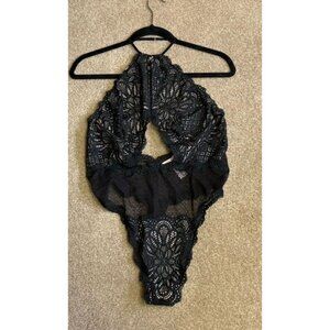 Victoria’s Secret Lace Black Thong Teddy. Size XL Halter Neck